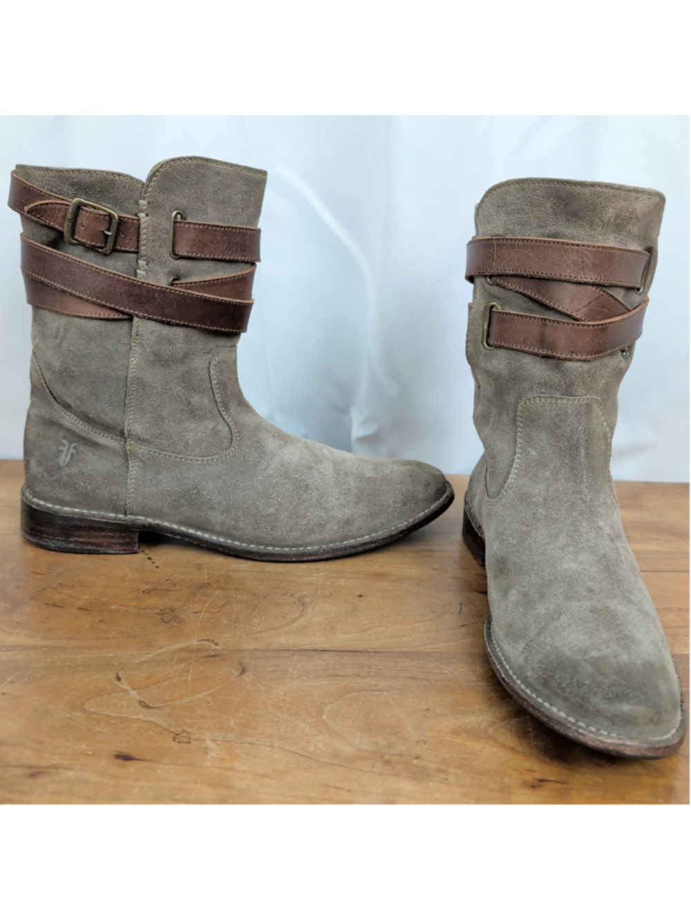 Ladies' FRYE Shirley Gray Strappy Suede Boots Size 10B